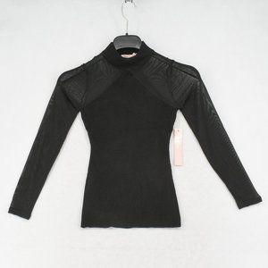Almost Famous Junior's Top Mock Neck Long Mesh Sleeve Stretch Ribbed Knit Black